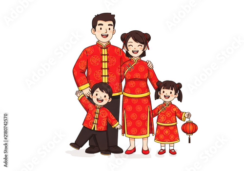 Happy Asian family in traditional red clothing celebrates Lunar New Year with smiles embodying togetherness, culture, and festive family joy.