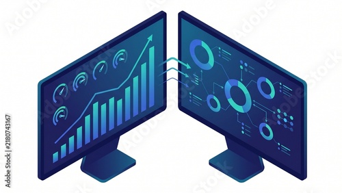 Isometric Dual Monitor Dashboard with Business Charts and Metrics