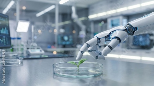 Robotic hand interacting with green plant sprout in futuristic laboratory, biotechnology and scientific research concept