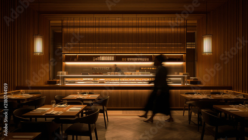 Elegant Japanese Restaurant Interior with Calm Evening Illumination and Peaceful Minimalist Atmosphere
