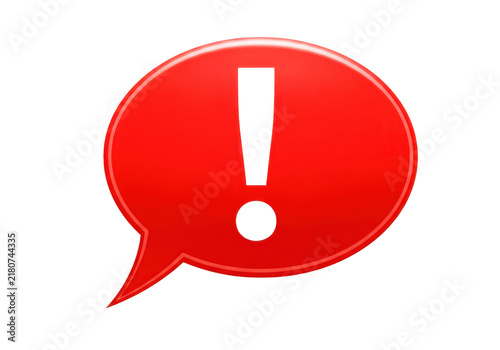 Red glossy speech bubble with white exclamation mark, conveying alert or important message on transparent background.