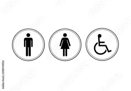 Restroom signs for men women and disabled individuals in circles with transparent background.