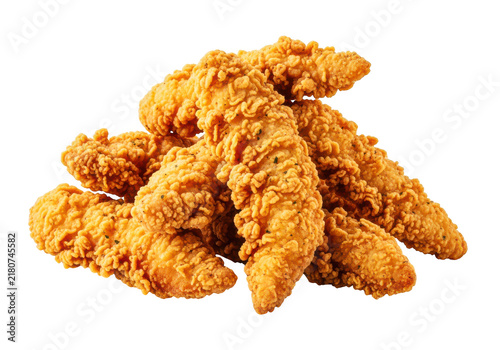 Crispy golden brown chicken tenders pile isolated on transparent background for easy use.