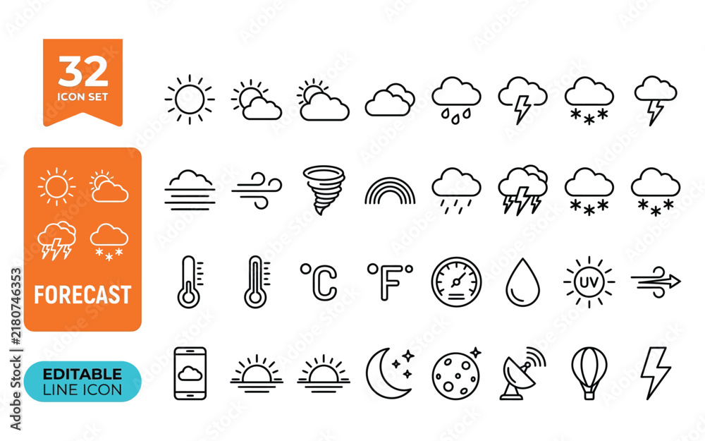 Obraz premium Weather forecast icon set including thirty two climate symbols and meteorological measurements for mobile applications.