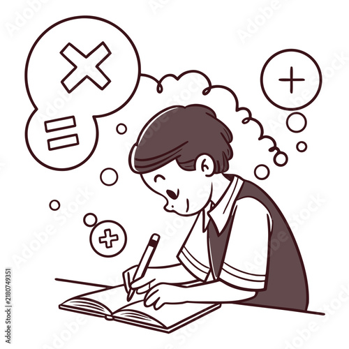 A young student sitting at a desk writing in a notebook with floating mathematical symbols in a flat style