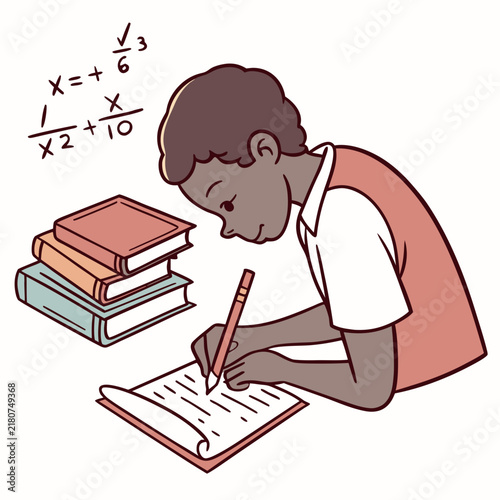 A young student sitting and writing mathematical equations in a notebook next to a stack of books in a flat style