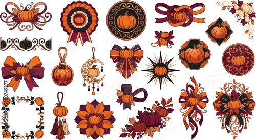 Vintage Halloween pumpkin ornaments set, decorative autumn harvest badges and ribbons, 20 rustic fall vector elements isolated PNG with Transparent Background Halloween  Editable EPS