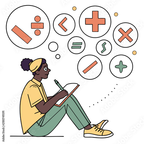 A young student sitting on the floor and writing math equations in a notebook with floating arithmetic symbols in a flat style