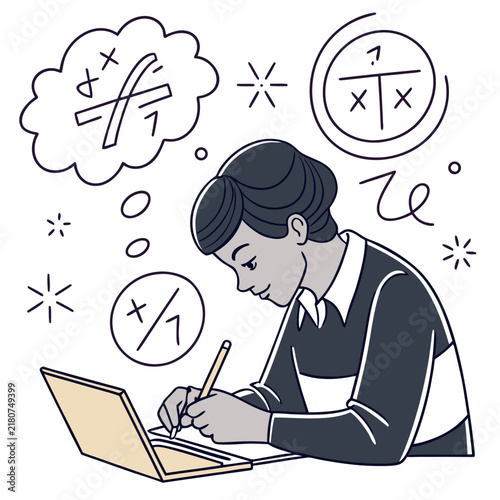 A young student working on a laptop and writing in a notebook with complex mathematical symbols floating in a flat style