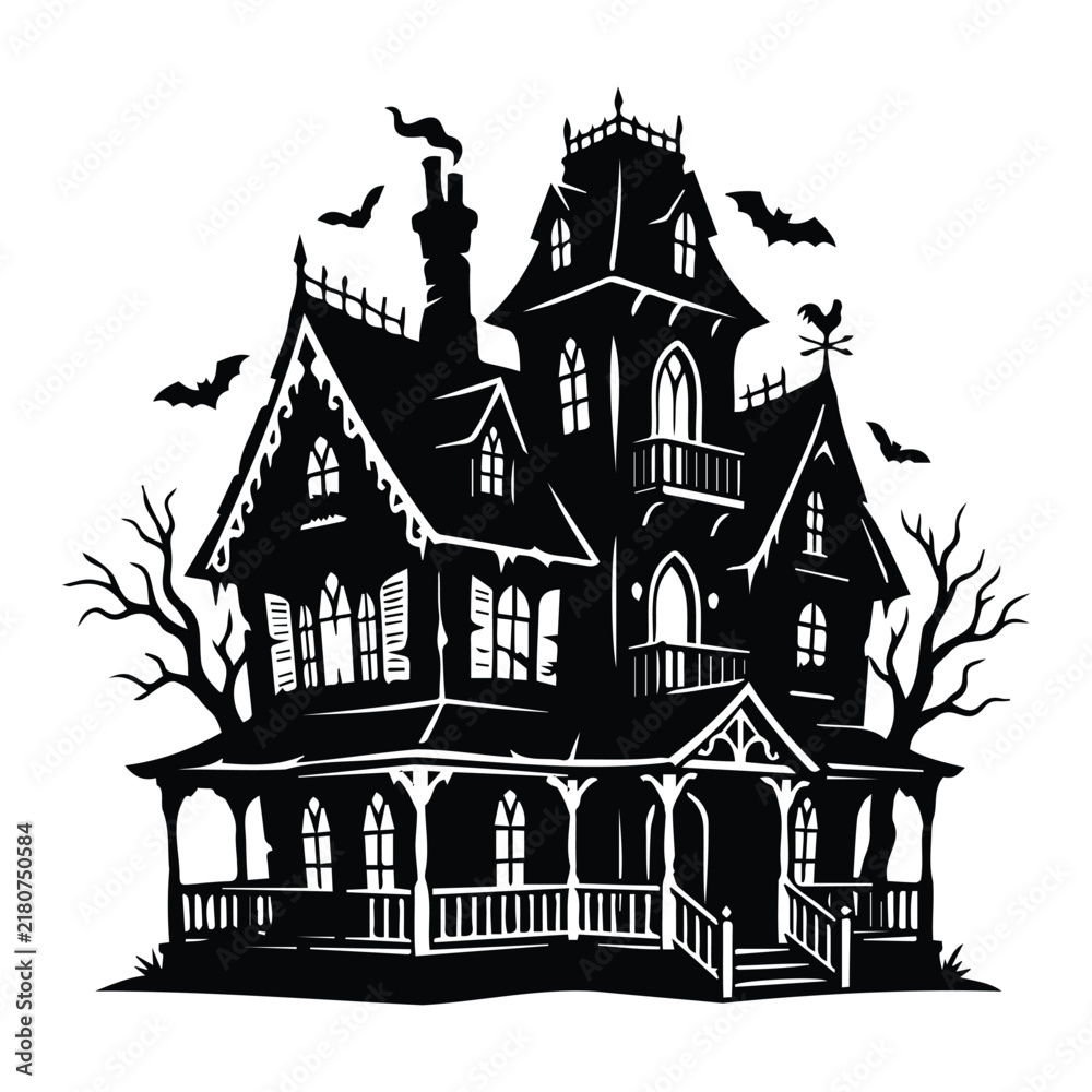 Fototapeta premium Spooky haunted mansion vector illustration with bats and trees for halloween spooky party.