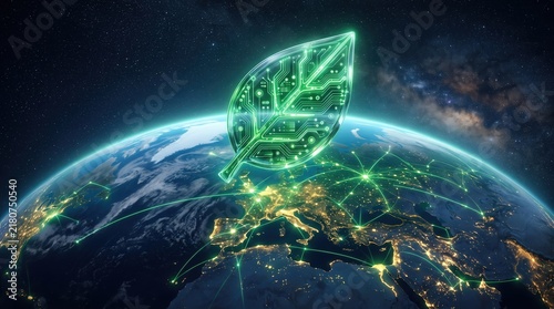 Green digital leaf with circuit board pattern floating over planet Earth in space, capturing sustainable technology and digital ecology concept for ESG reports and renewable energy marketing.