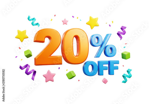 Orange and blue 20 percent off discount text with colorful confetti and stars for celebration.