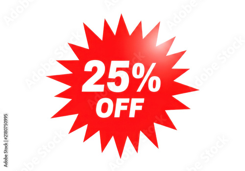 Red starburst shape with white text 25% off and off on transparent background for sale and discount promotions.