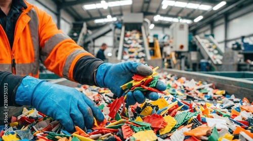 Industrial recycling worker sorting colorful plastic fragments in waste management facility, featuring sustainable circular economy concept for environmental conservation marketing.