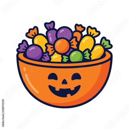 Halloween Pumpkin Bowl Full of Candy Cartoon Vector Illustration