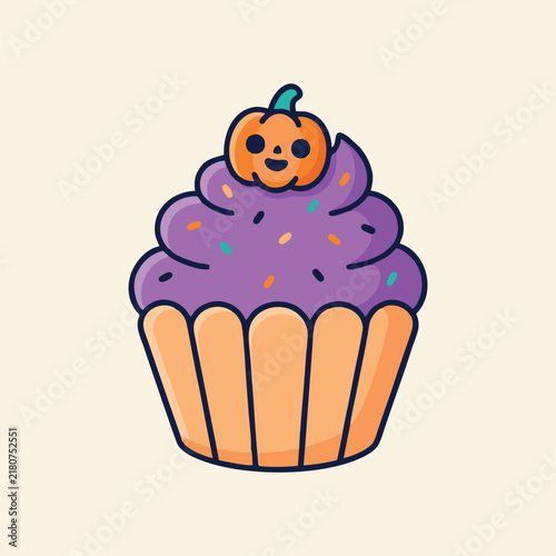 Halloween Pumpkin Cupcake Cartoon Vector Illustration