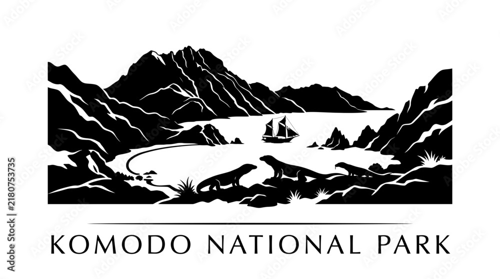 Fototapeta premium Komodo National Park dragon and island landscape silhouette