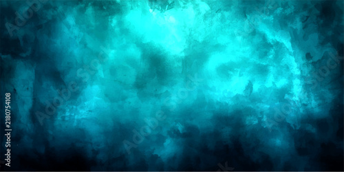 Konstfotografi Abstract swirling turquoise smoke or clouds illuminated by bright light from abo