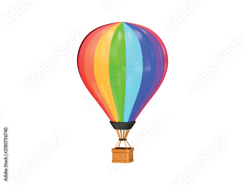Colourful hot air balloon with rainbow panels and basket 3D render illustration isolated