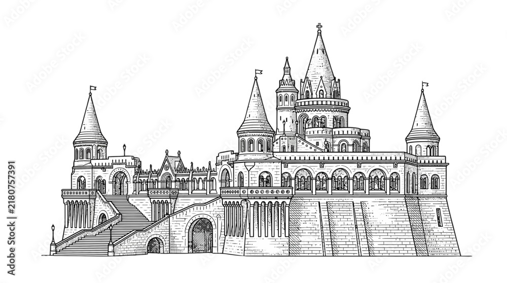 Fototapeta premium Ornate Medieval Castle Illustration, Gothic Architecture, Fantasy Fortress, Isolated on Transparent Background
