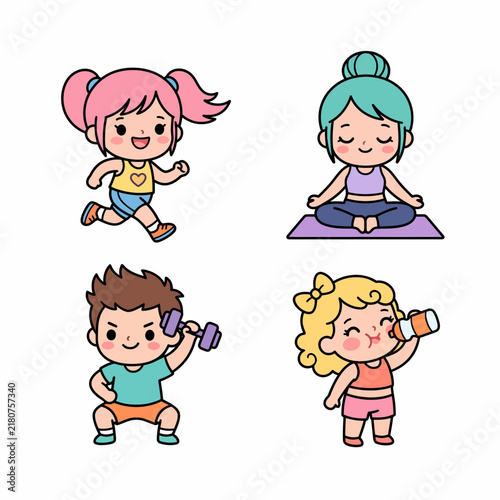 Cute Chibi Characters Exercising and Enjoying Healthy Lifestyles, Perfect for Fitness Apps and Wellness Content