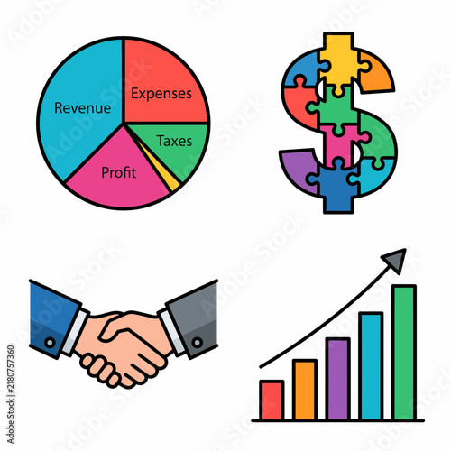 Business concepts represented by icons pie chart, dollar sign puzzle, handshake, and bar graph showing profit growth