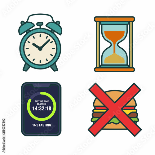 Set of icons representing intermittent fasting and mindful eating habits for a healthy disciplined lifestyle and weight loss tracking