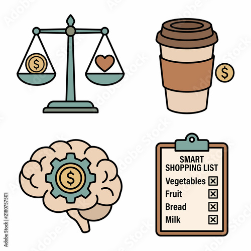 Conceptual illustration of smart shopping and financial balance, featuring a coffee cup, a brain with a gear, and a weighing scale with currency and a heart
