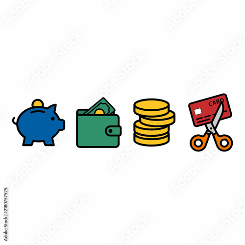 Personal Finance and Budgeting Icon Set with Saving Piggy Bank and Credit Card Cutting Concept
