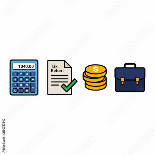 Financial planning icons calculator, tax return, coins, and briefcase for business and personal finance