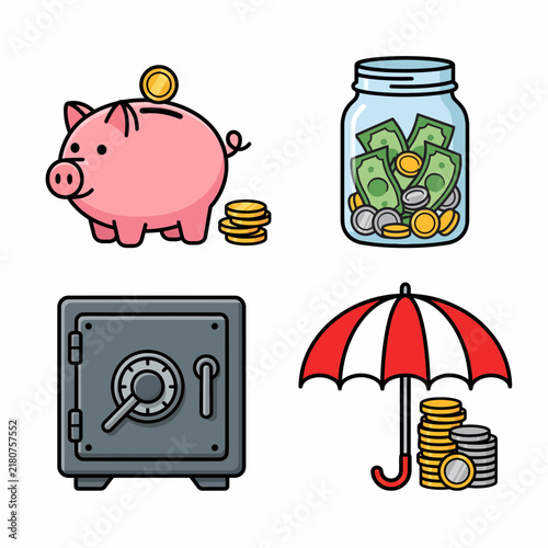 Set of Financial Security and Money Savings Icons Featuring Piggy Bank Safe Deposit Box and Umbrella Protection Vector Illustration