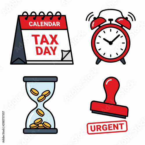 Tax Day Reminder Calendar, Alarm Clock, Hourglass with Coins, and Urgent Stamp Icons Representing Financial Deadlines