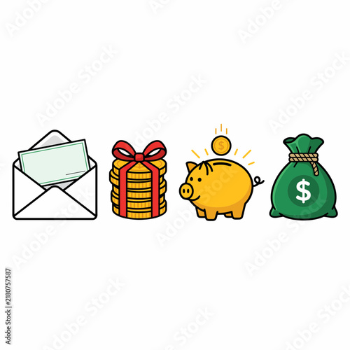 Financial savings elements featuring a piggy bank, coin stack, money bag, and letter for banking response