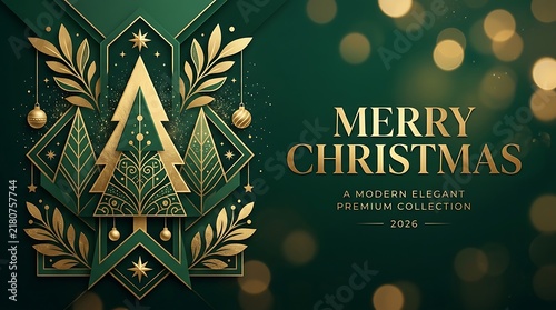 Elegant Merry Christmas greeting card design with luxury gold geometric Christmas trees on a deep green background, featuring festive bokeh lights and premium holiday typography 2026