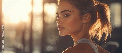 Athletic young woman with a ponytail posing in a fitness studio with warm cinematic golden lighting for health and wellness