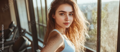 Beautiful young woman in white sports attire posing in a modern sunny fitness gym with treadmills in the background