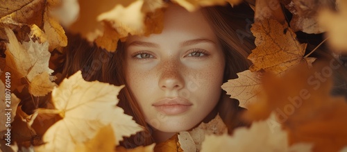 Beautiful young woman peeking through golden autumn maple leaves in a warm forest setting