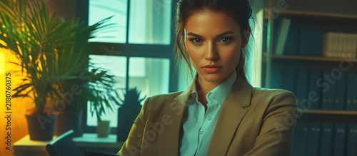 Confident Professional Young Woman in Modern Office Setting Wearing a Business Suit