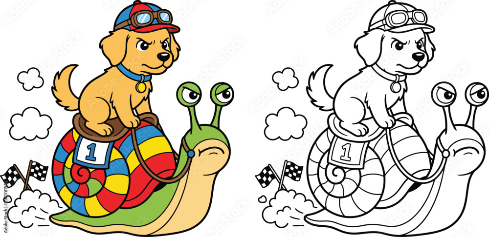 Fototapeta premium Fast Golden Retriever Puppy Racing on a Rainbow Snail Color and Line Art Activity Page
