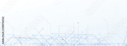 Abstract Digital Network Architecture Illustration Featuring Interconnected Lines and Geometric Blue Data Nodes on a Minimalist White Background
