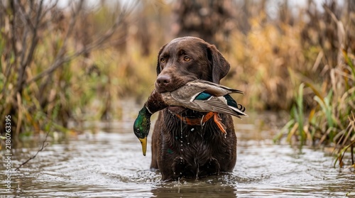 Brown Hunting Retriever Dog Standing in Water with Duck in Mouth During Hunting Season