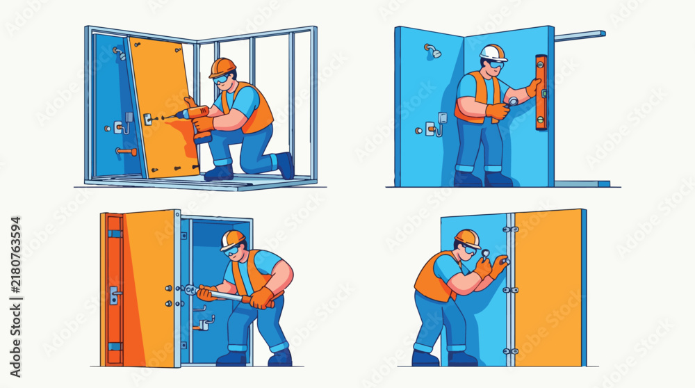 Fototapeta premium Construction Worker Installing Metal Door Frames
