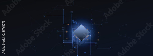 Futuristic Digital Data Processor Central Core with Glowing Neural Network Circuitry Lines on Dark Technology Background