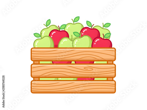 Wooden crate filled with fresh red and green apples isolated on transparent background