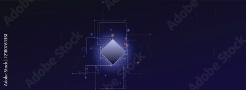 Abstract Digital Technology Background with Glowing Central Geometric Diamond Element and Network Connectivity Lines for Data Systems