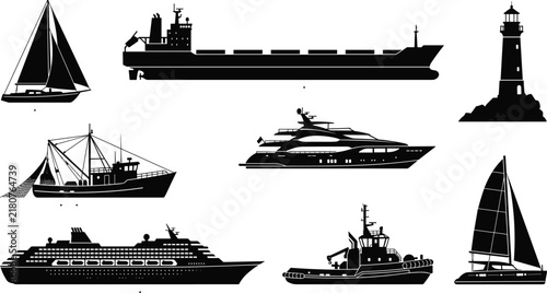 фотографія Black and white of various historical ships and a lighthouse sailing ship galleo