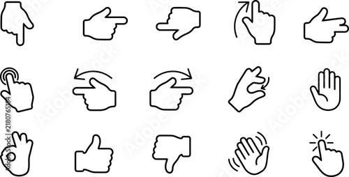 Collection of diverse hand gesture icons in a clean white line art style for digital interface design