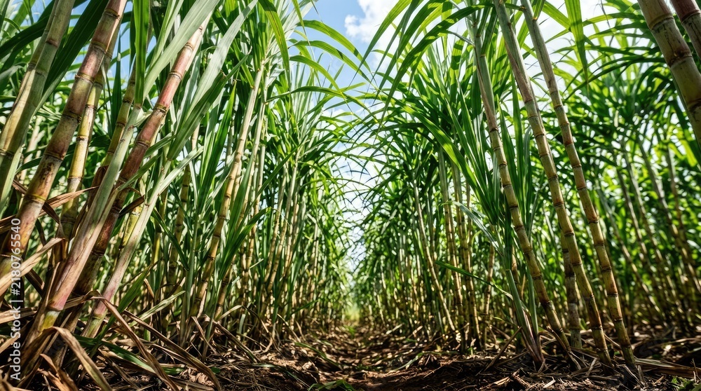 Fototapeta premium Lush sugarcane field stretching towards the bright blue sky on a sunny day agricultural landscape with green stalks and soil
