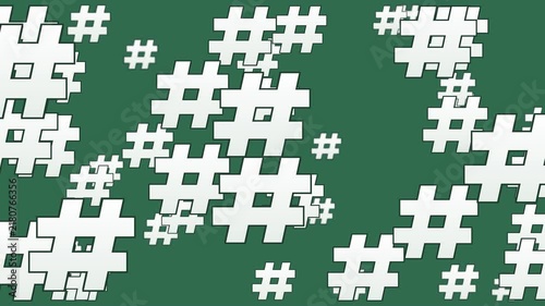 Seamless loop. White hashtag symbols march across a dark green screen in horizontal format. Trendy animated pattern evokes social media trends and viral topics for marketing and digital campaigns.