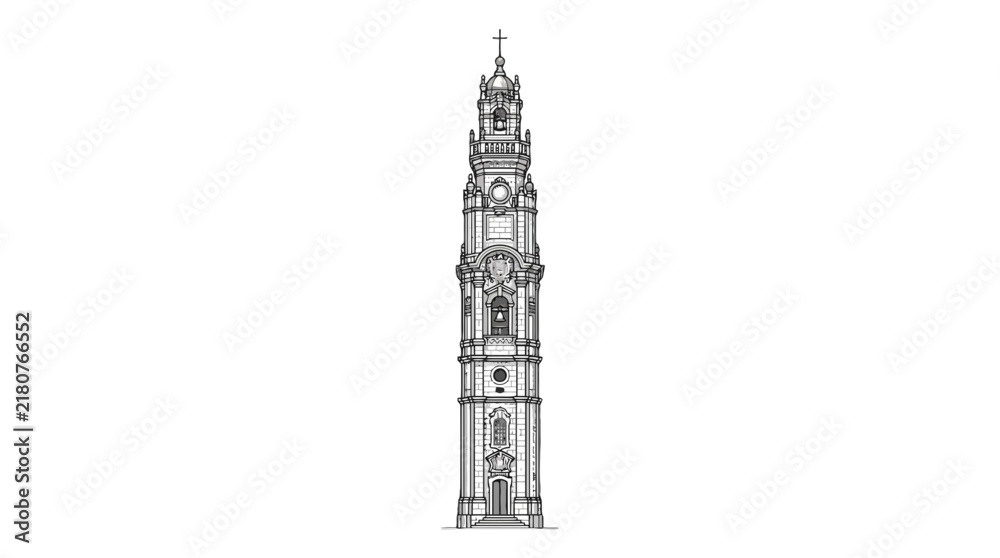 Obraz premium Detailed architectural illustration of a tall, ornate clock tower, isolated on a transparent background.